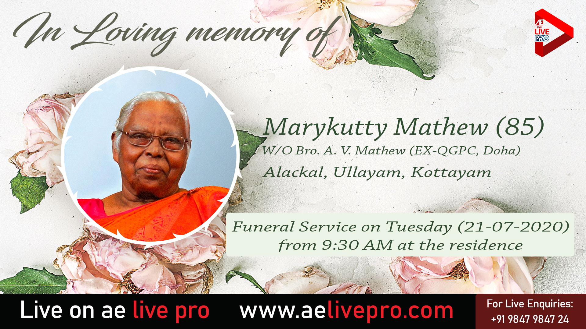 aelivepro funeralservicelive marykuttymathew