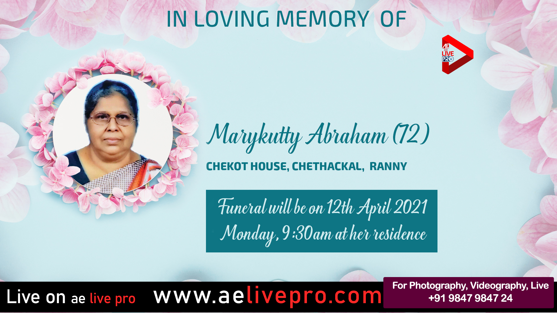 aeliveprofuneralservice marykuttyabraham ranny