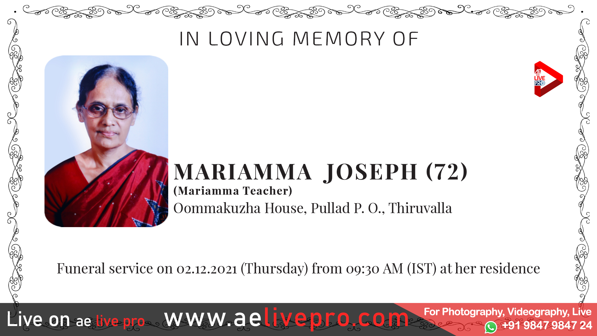 mariammajoseph kumbanad livefuneral